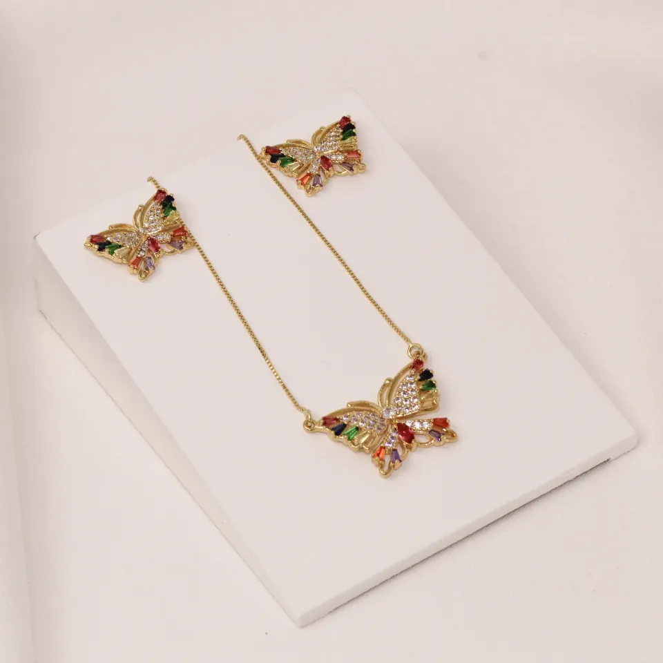 CONJUNTO BORBOLETA COLORIDA BANHO OURO 18K