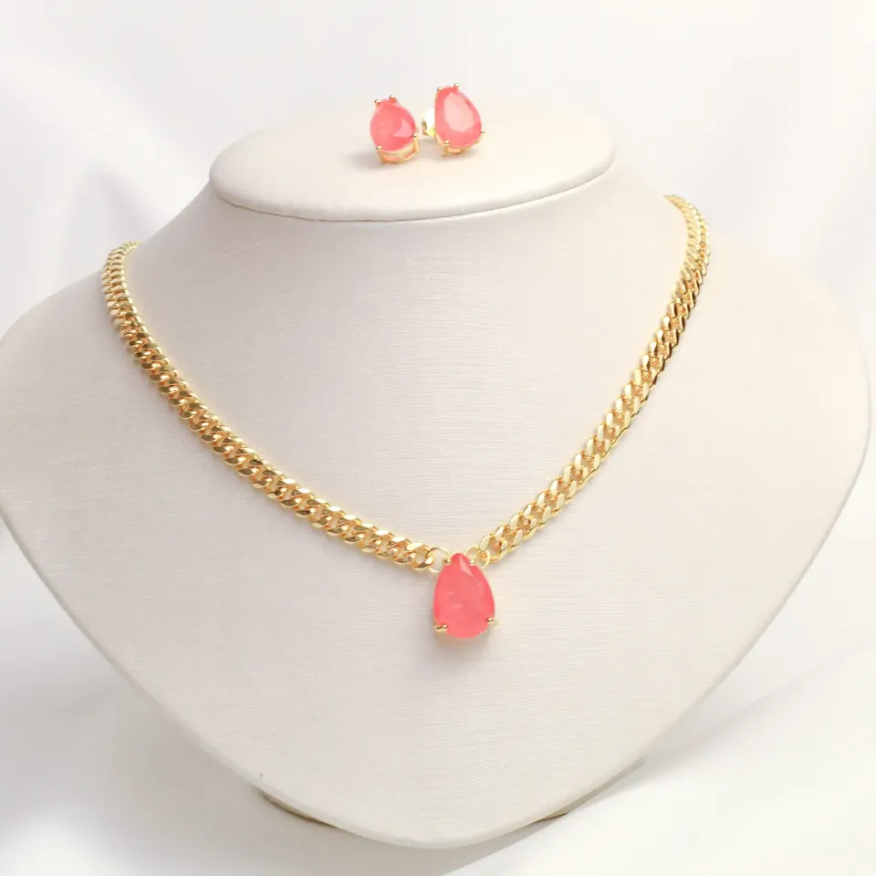 CONJUNTO CORRENTE COM ZIRCÔNIA SALMÃO BANHO OURO 18K