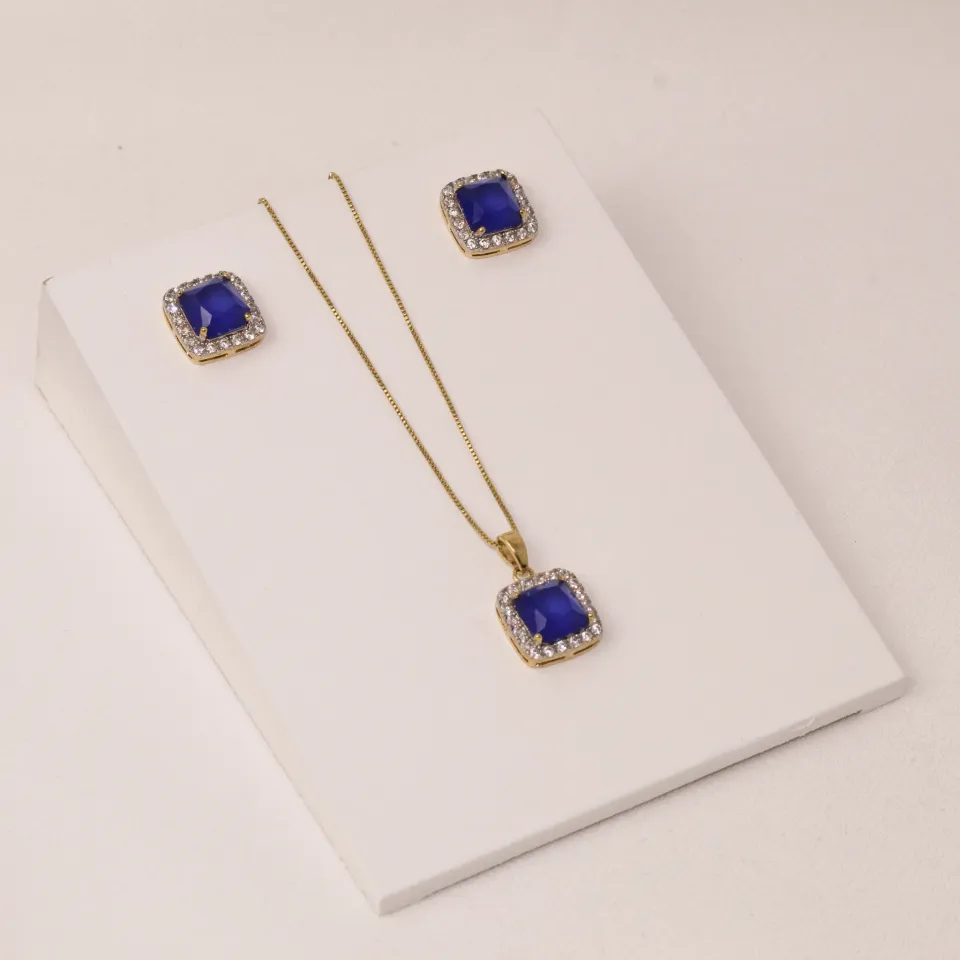 CONJUNTO ZIRCÔNIA QUADRADO PEDRA AZUL BANHO OURO 18K