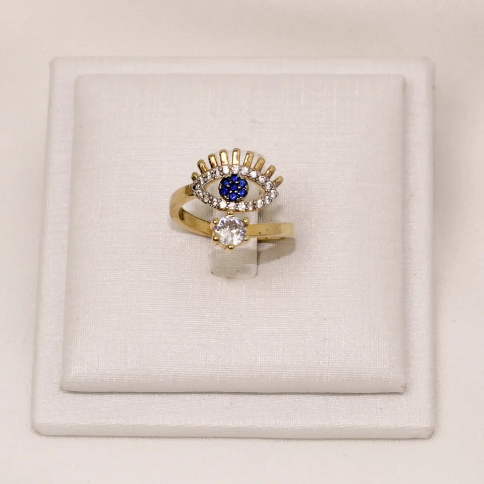 ANEL OLHO GREGO ZIRCÔNIA AZUL ESCURO BANHO OURO 18K
