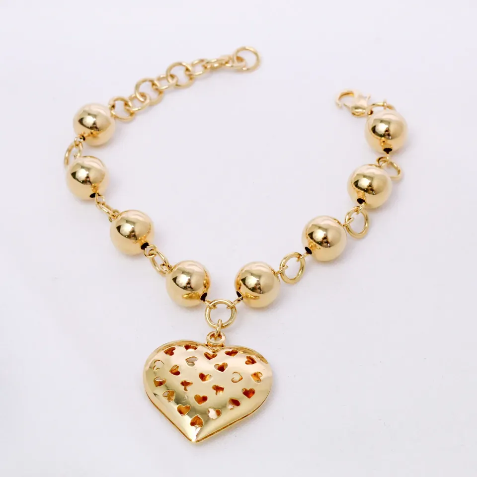 PULSEIRA BOLAS GRANDE COM PINGENTE CORAÇÃO BANHO OURO 18K