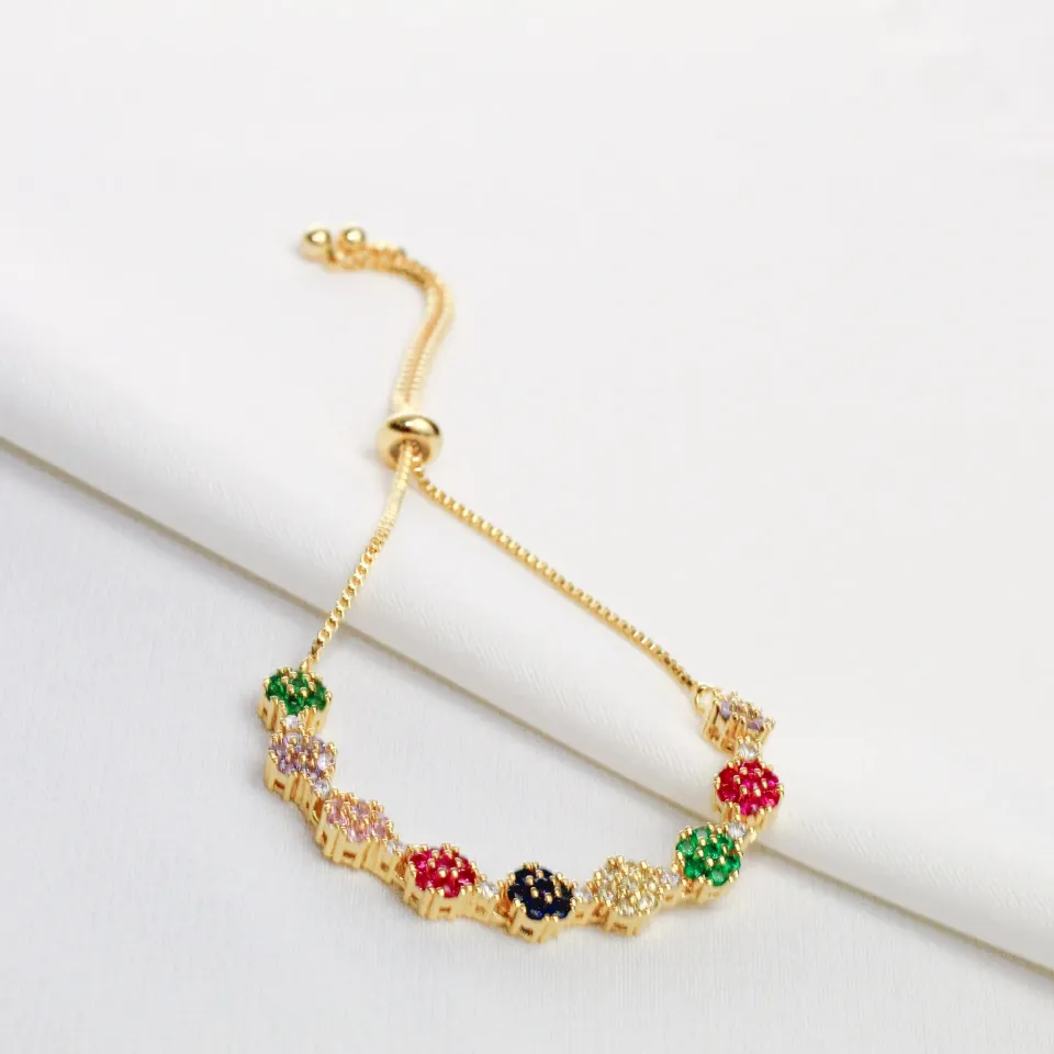 PULSEIRA  FLOR EM ZIRCÔNIA COLORIDA BANHO OURO 18K