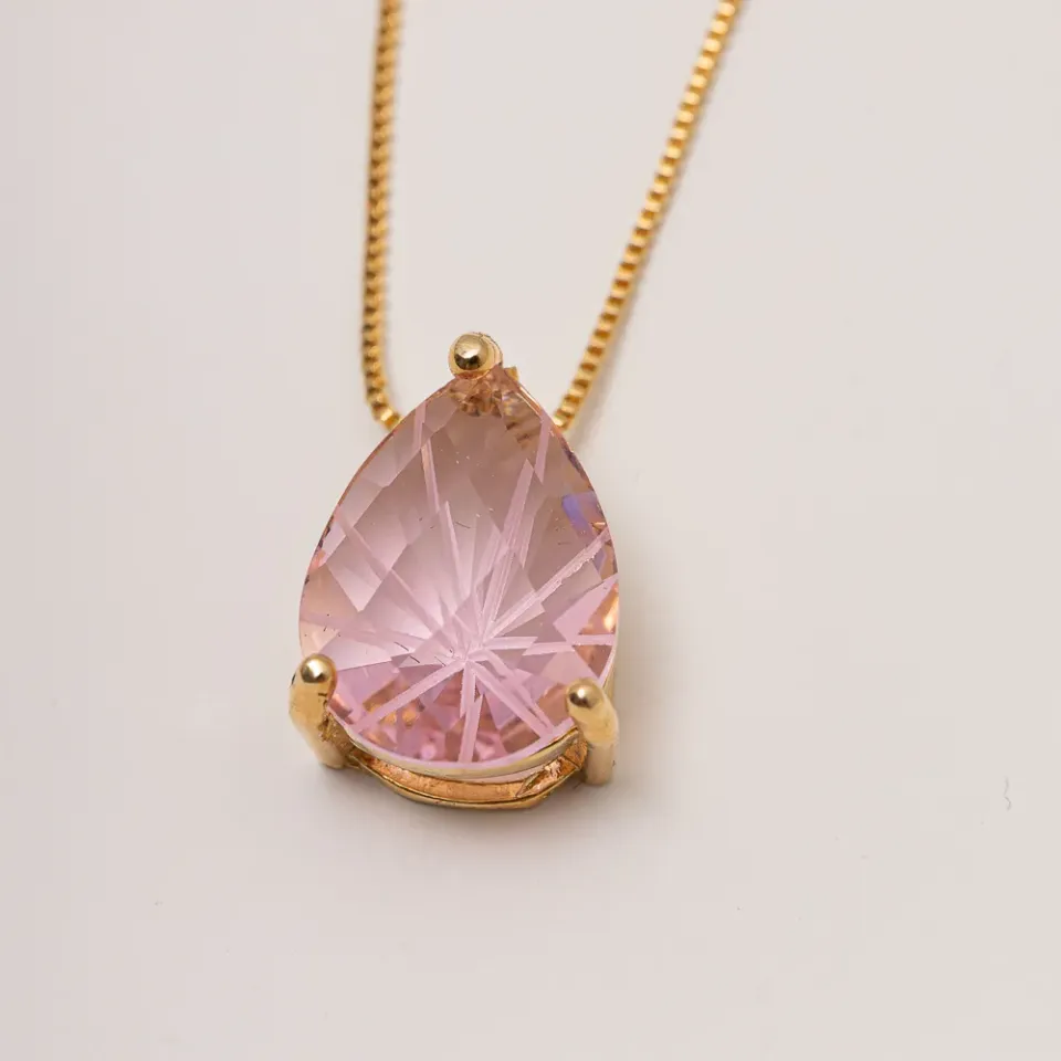 CONJUNTO GOTA COM PEDRA ROSA CLARO P BANHO OURO 18K