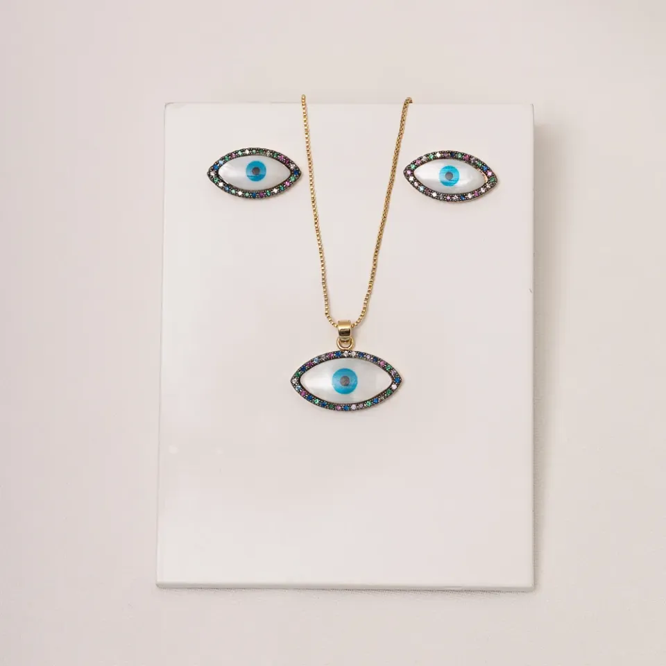 CONJUNTO OLHO GREGO ZIRCÔNIA COLORIDAS BANHO OURO 18K