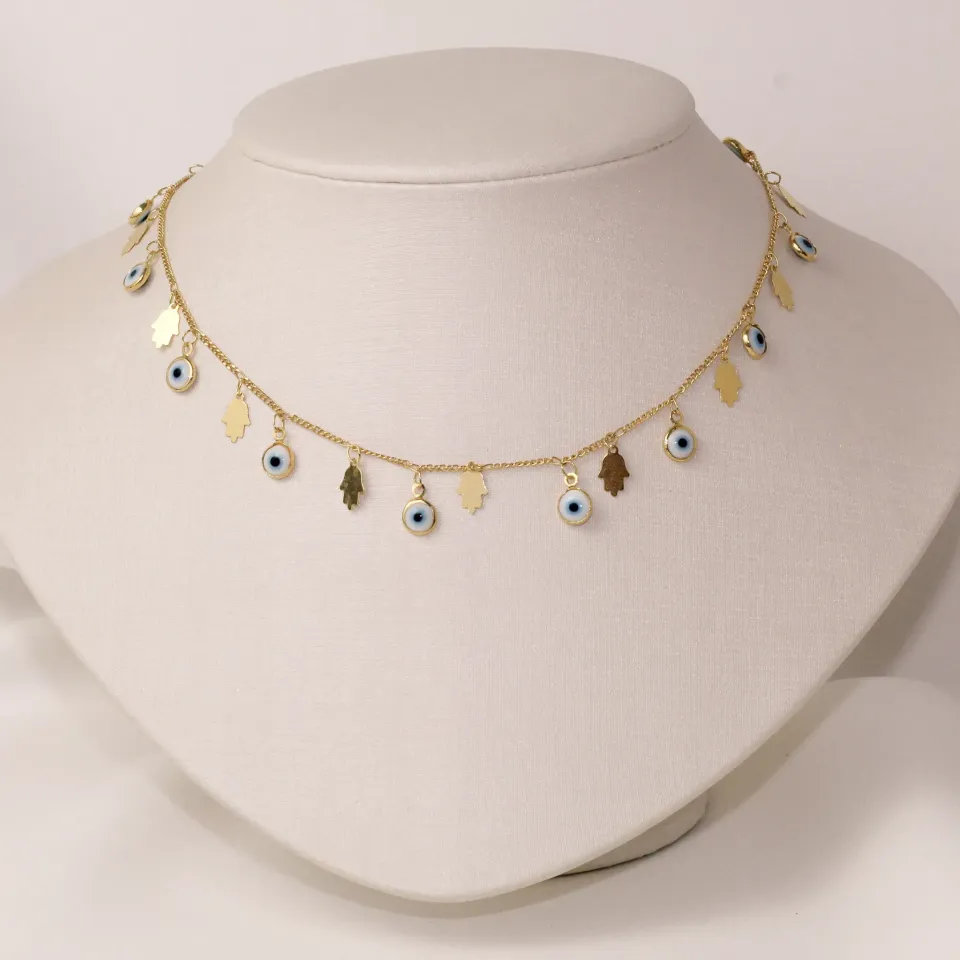 CHOKER OLHO GREGO E MÃO DE FÁTIMA BANHO OURO 18K