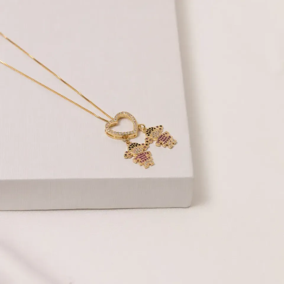 COLAR DUAS MENINAS COM ZIRÔNIAS COLORIDAS BANHO OURO 18K