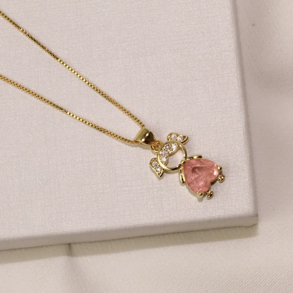 COLAR FILHO MENINA PEDRA ROSA BANHO OURO 18K