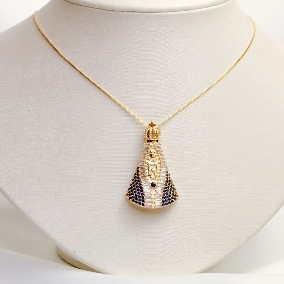 COLAR NOSSA SENHORA EM ZIRCÔNIA GRANDE BANHO OURO 18K