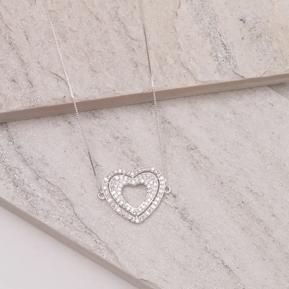 COLAR CORAÇÃO COM ZIRCÔNIA CRISTAL BANHO PRATA