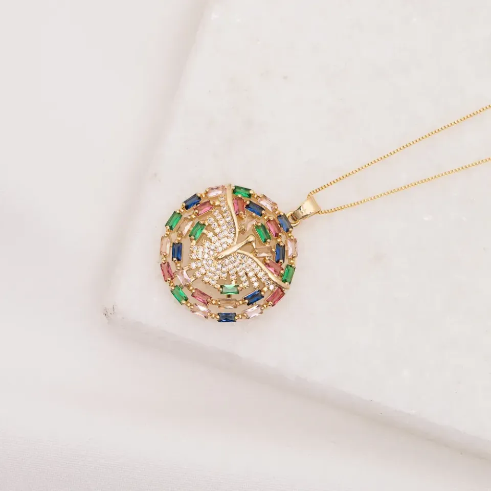 COLAR ESPIRITO SANTO ZIRCÔNIA COLORIDO BANHO OURO 18K