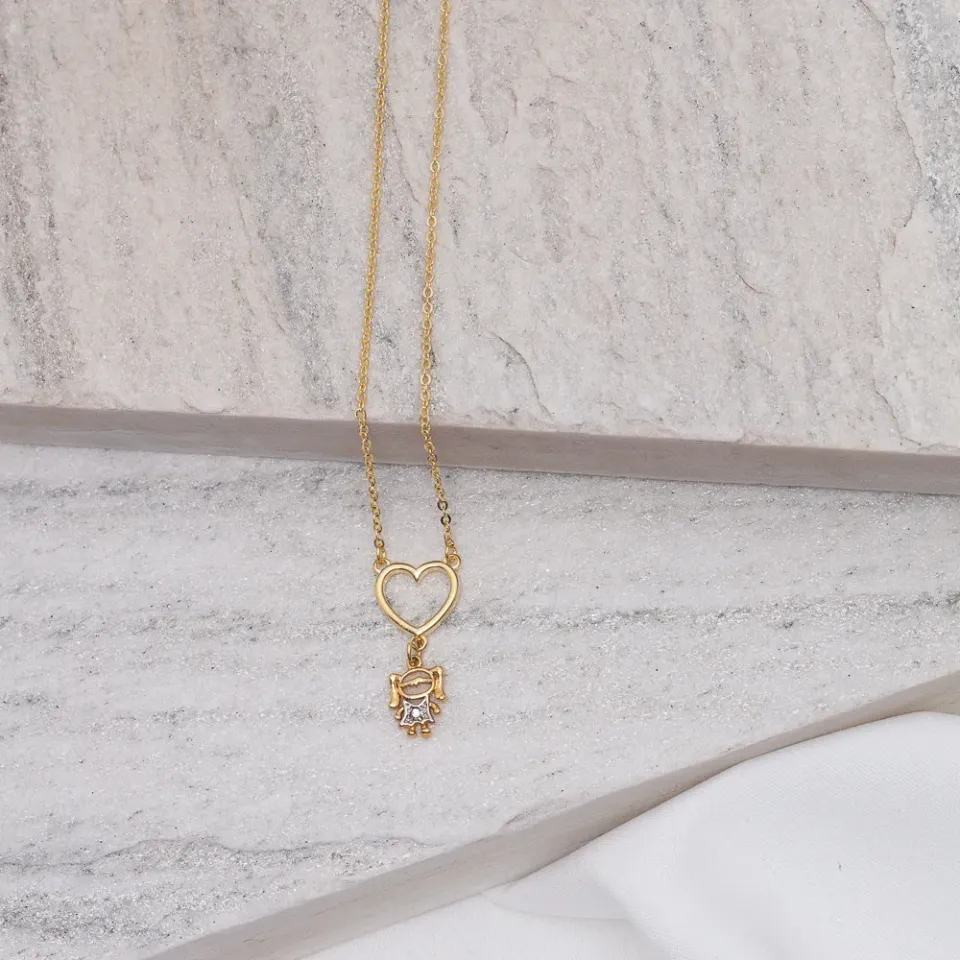 COLAR FILHA COM CORAÇÃO VAZADO LISO BANHO OURO 18K