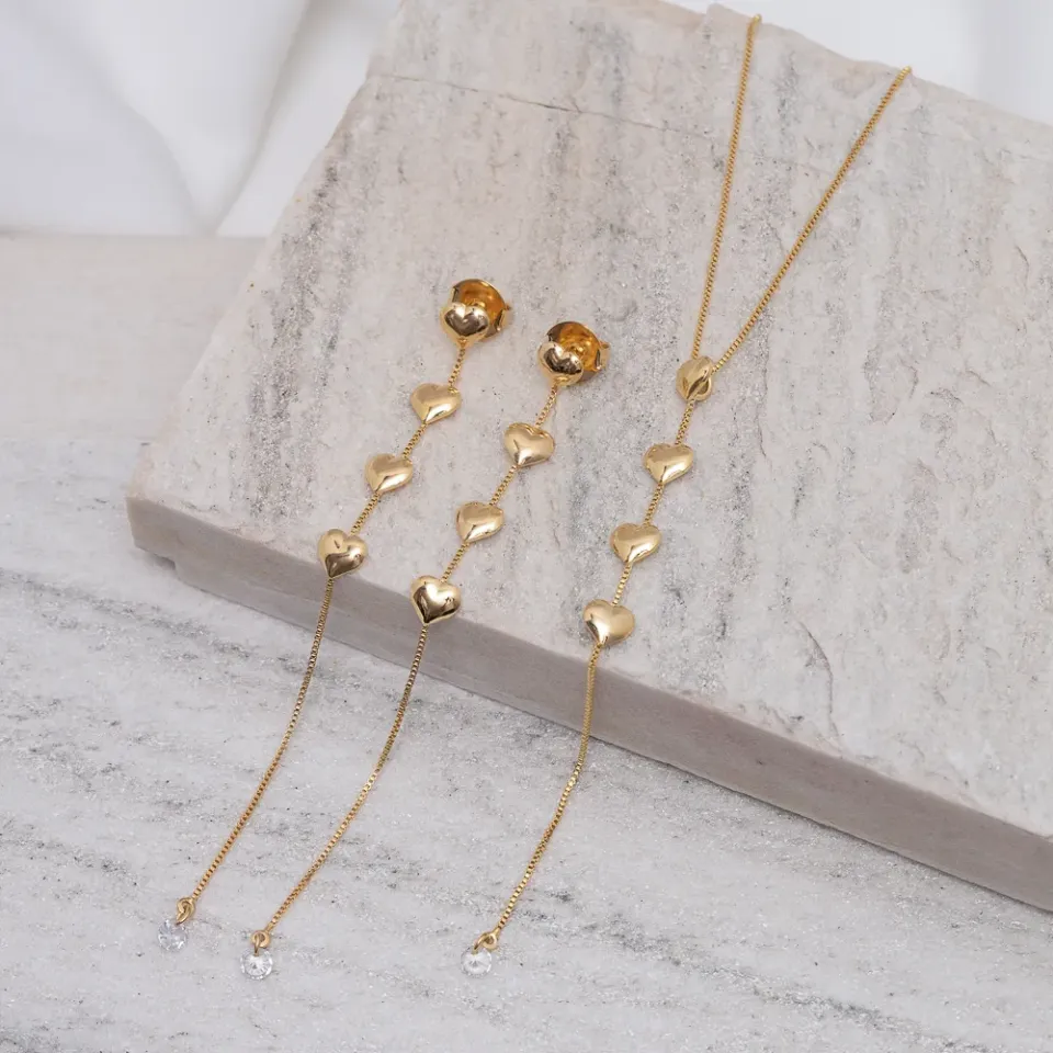 CONJUNTO GRAVATINHA CORAÇÃO BANHO OURO 18K