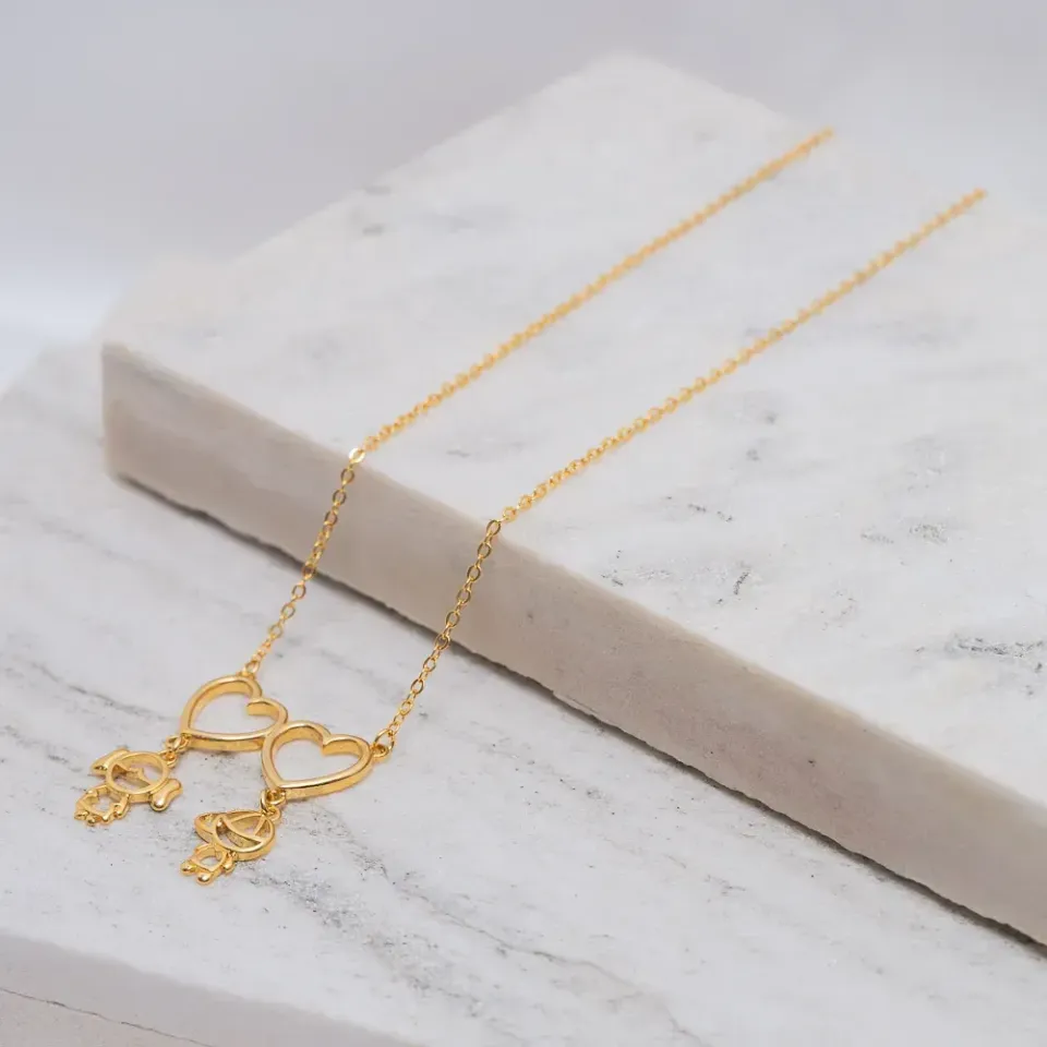 COLAR CASAL FILHOS COM CORAÇÃO DUPLO LISO BANHO OURO 18K