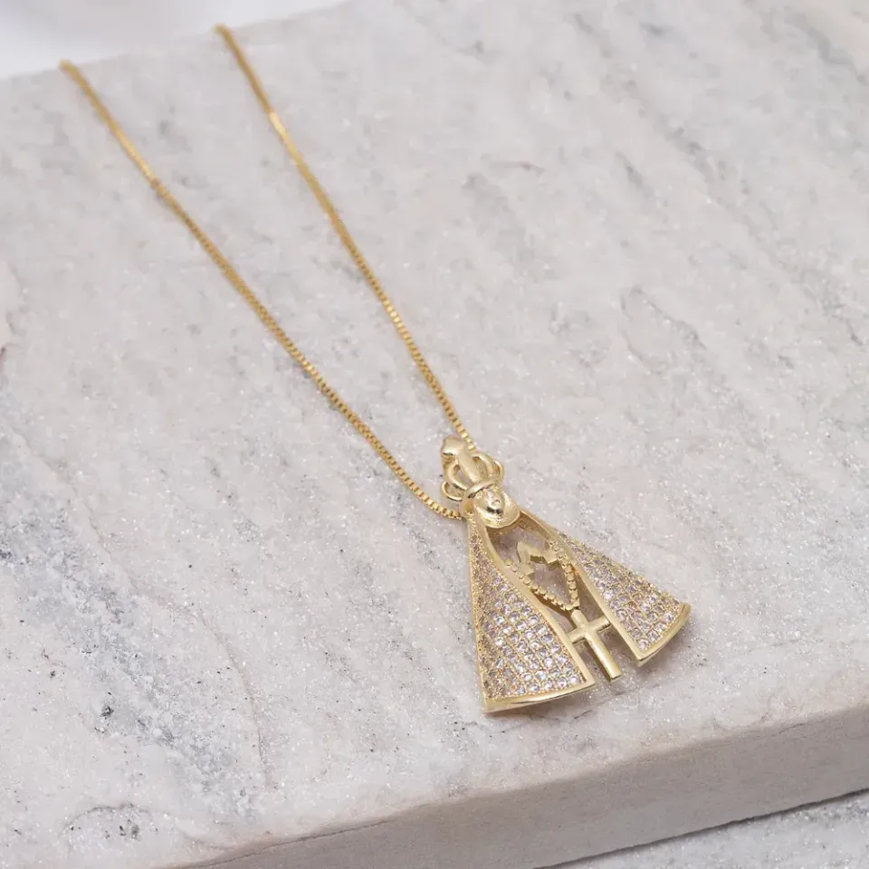 COLAR NOSSA SENHORA ZIRCÔNIA CRISTAL G BANHO OURO 18K