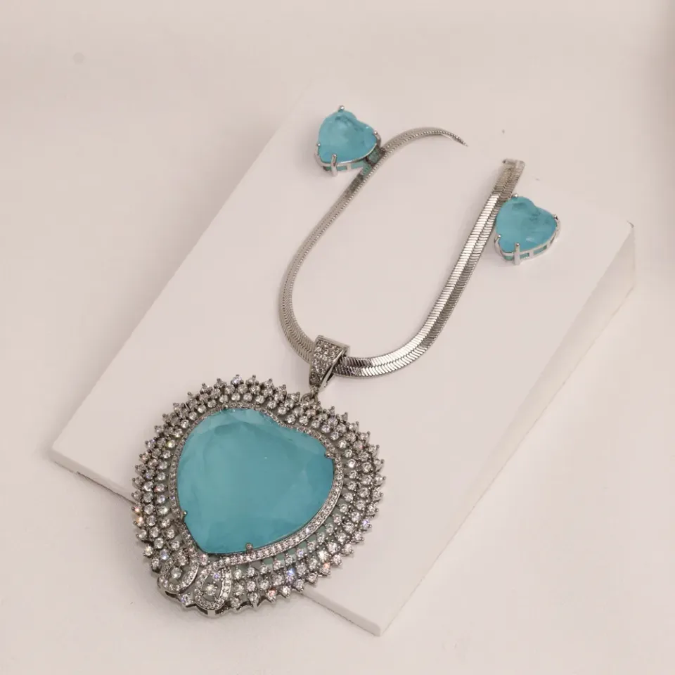 CONJUNTO CORAÇÃO PEDRA AZUL TURQUESA GRANDE
