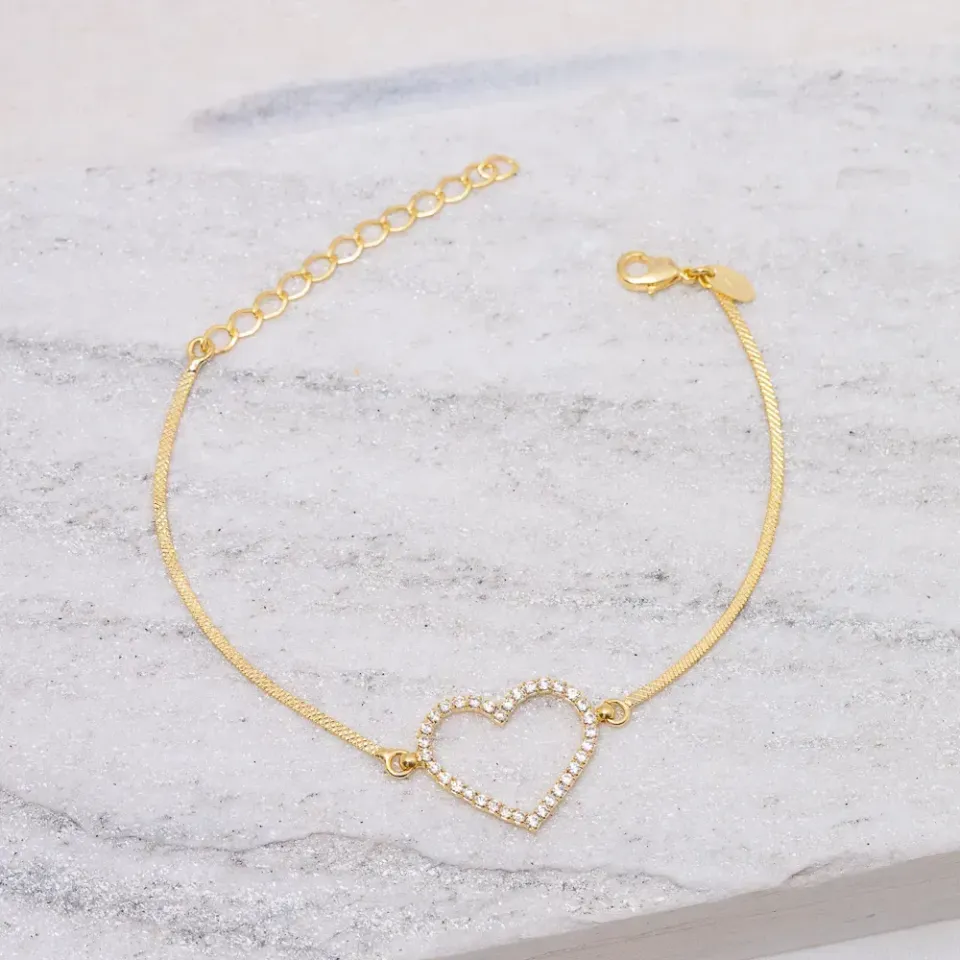 PULSEIRA DIAMANTADA COM CORAÇÃO ZIRCÔNIA BANHO OURO 18K