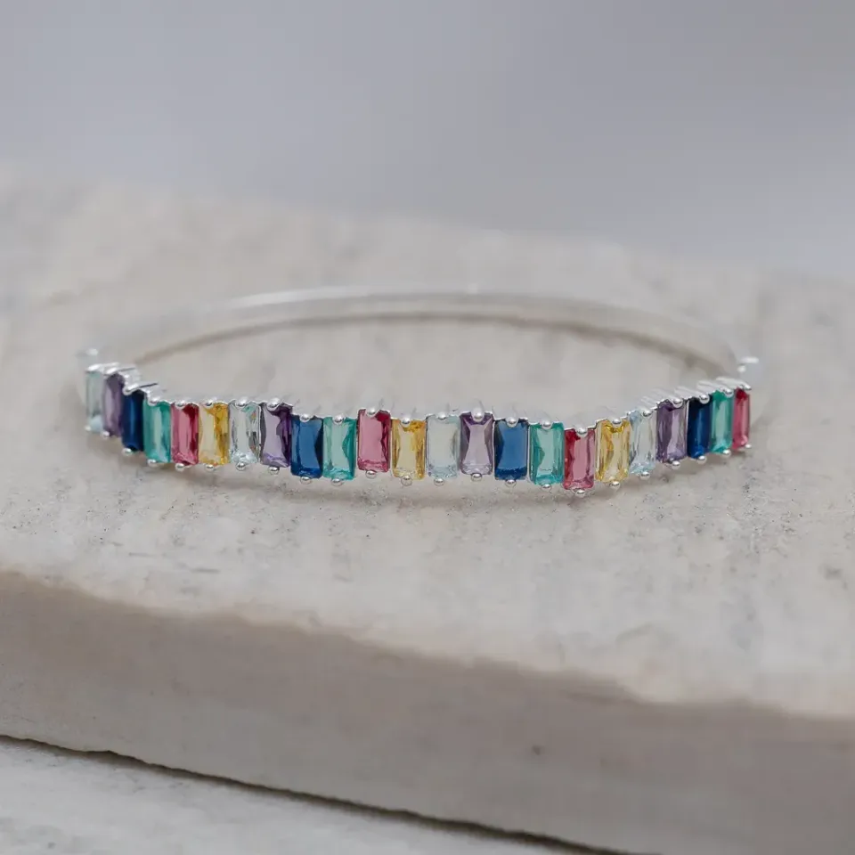 BRACELETE CRAVEJADO COM ZIRCÔNIAS NAVETE COLORIDAS BANHO PRATA