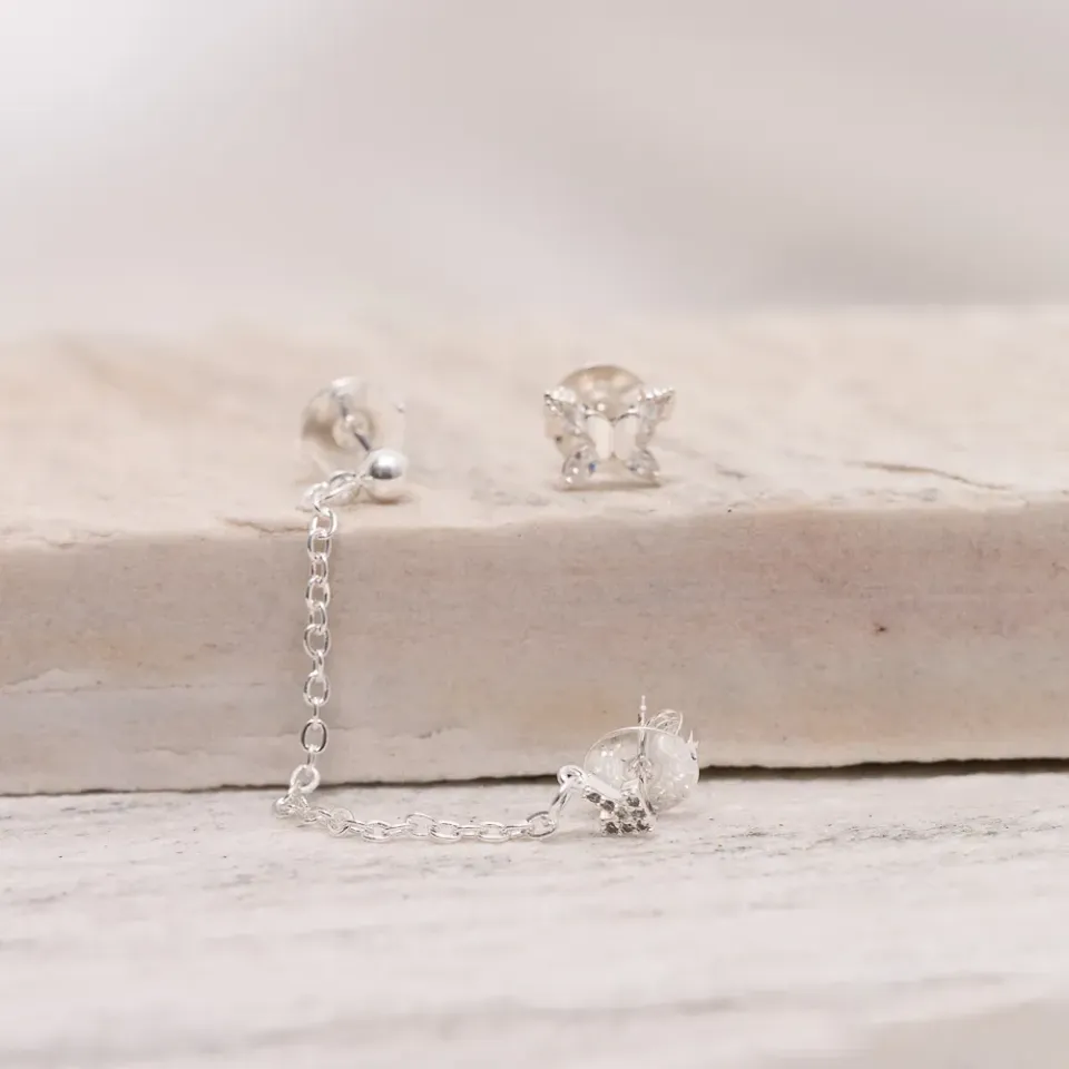 BRINCO EAR CUFF SETA COM BORBOLETA E CORRENTE BANHO PRATA