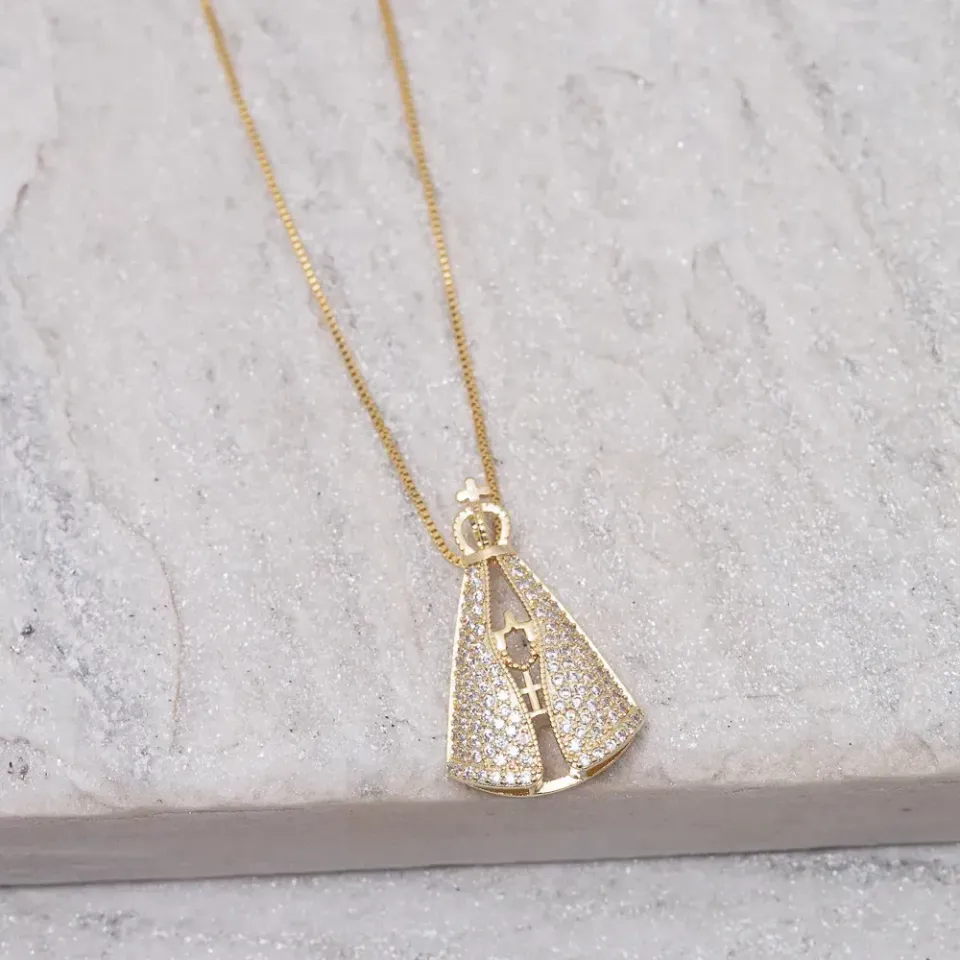 COLAR NOSSA SENHORA ZIRCÔNIA CRISTAL BANHO OURO 18K