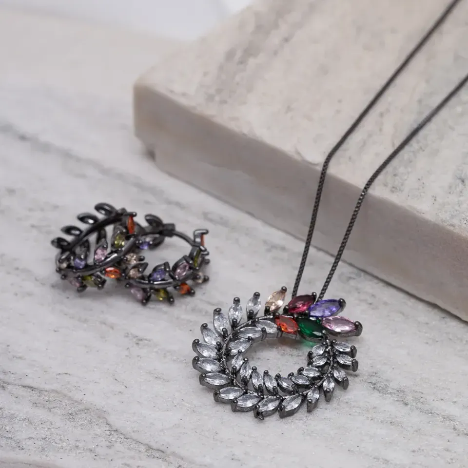 CONJUNTO RAMOS COLORIDOS BANHO RÓDIO NEGRO