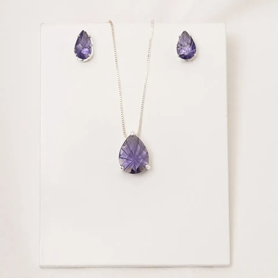 CONJUNTO GOTA COM PEDRA ROXA P BANHO PRATA