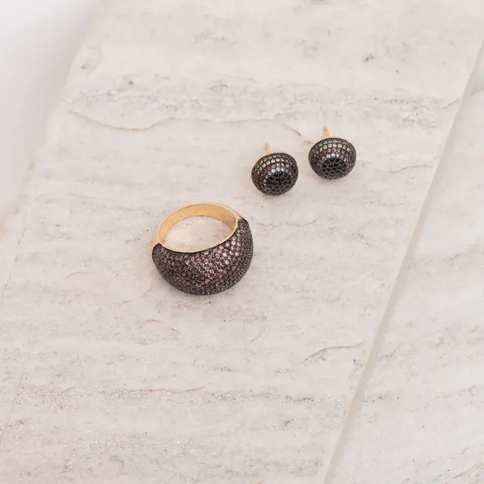 CONJUNTO ZIRCÔNIA BRINCO E ANEL BANHO OURO 18K