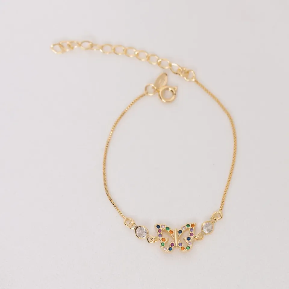 PULSEIRA BORBOLETA COM ZIRCÔNIAS COLORIDAS BANHO OURO 18K