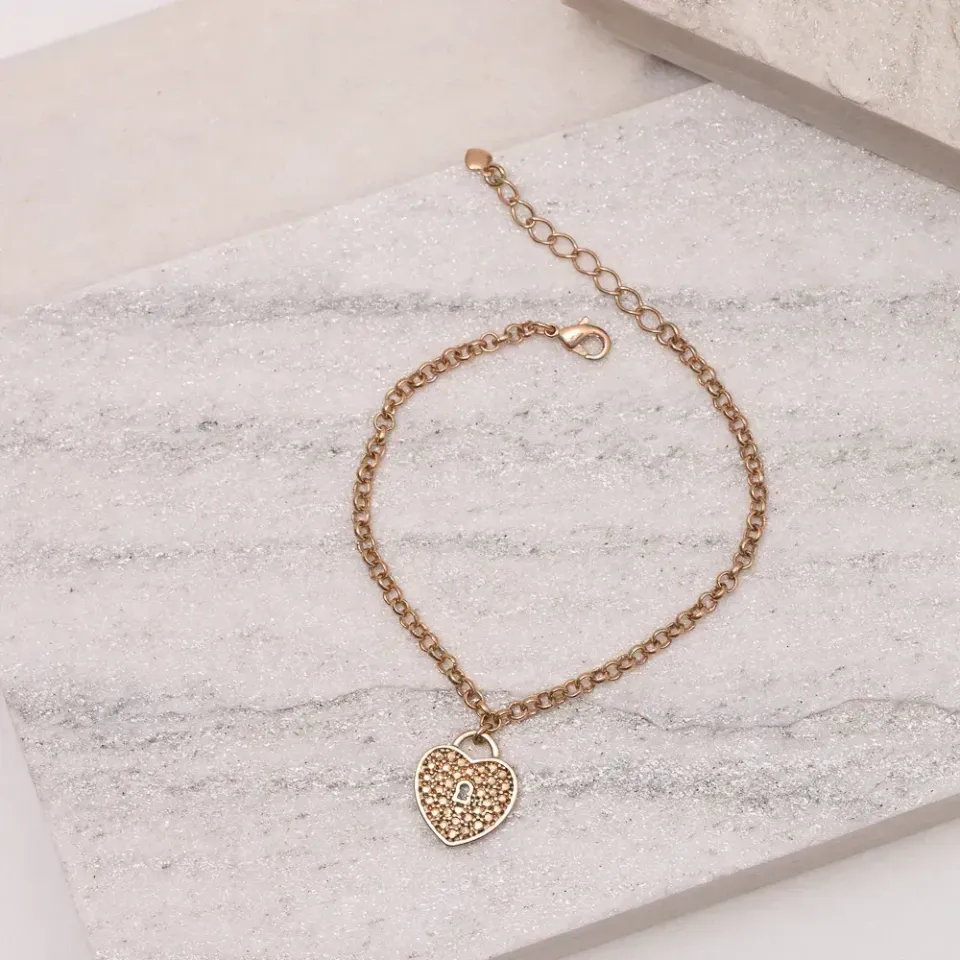 PULSEIRA ELO PORTUGUÊS COM CORAÇÃO CADEADO CRAVEJADO BANHO ROSÉ