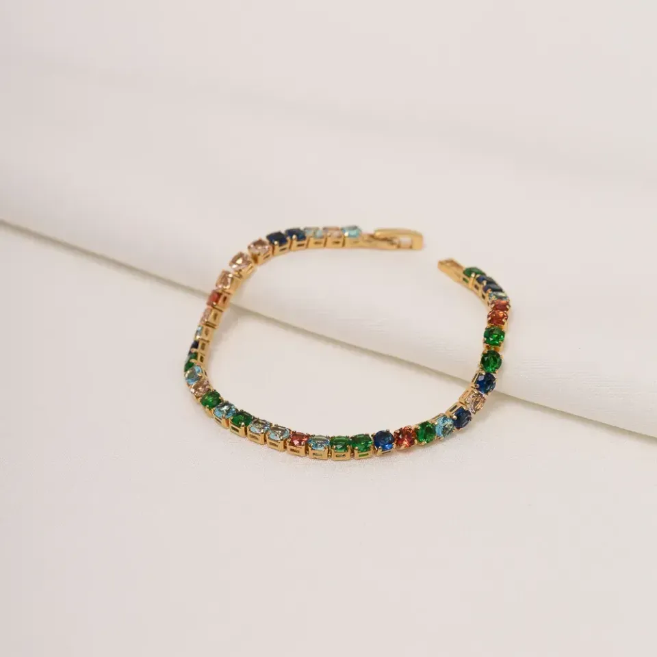 PULSEIRA RIVIERA COM ZIRCÔNIAS COLORIDAS QUADRADAS BANHO OURO 18K
