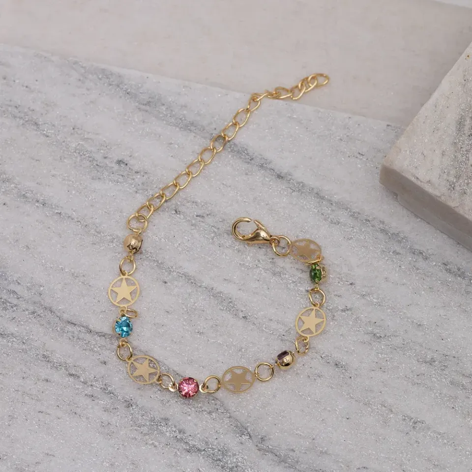 PULSEIRA ESTRELAS COM ZIRCÔNIAS COLORIDAS BANHO OURO 18K