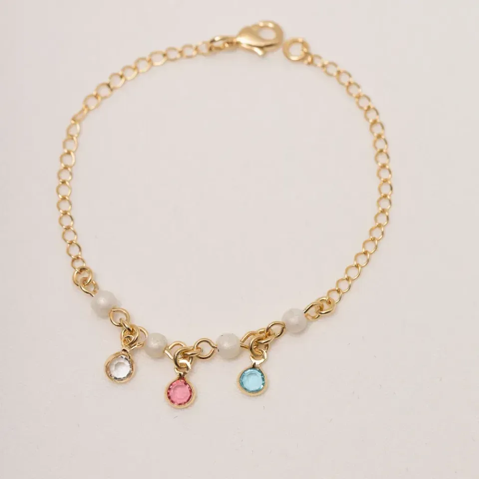 PULSEIRA INFANTIL COM PEDRAS COLORIDAS E PÉROLA BANHO OURO 18K