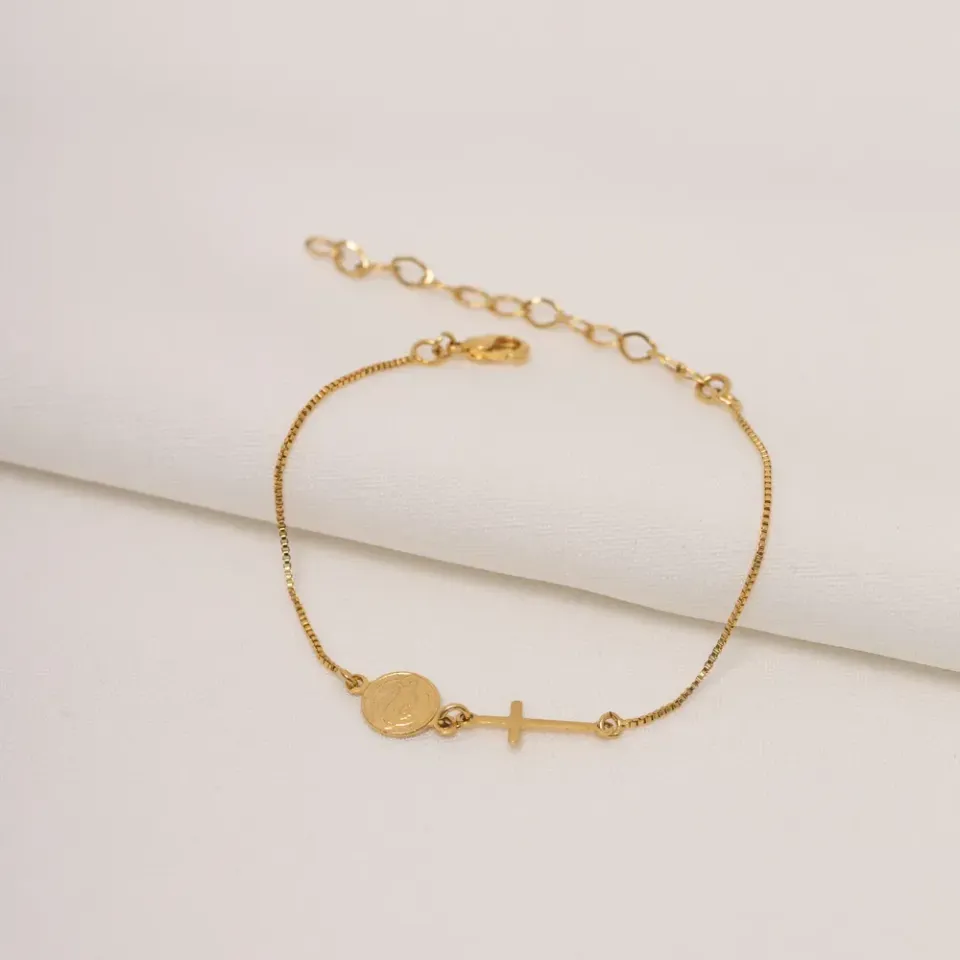PULSEIRA DE SÃO BENTO E CRUZ BANHO OURO 18K