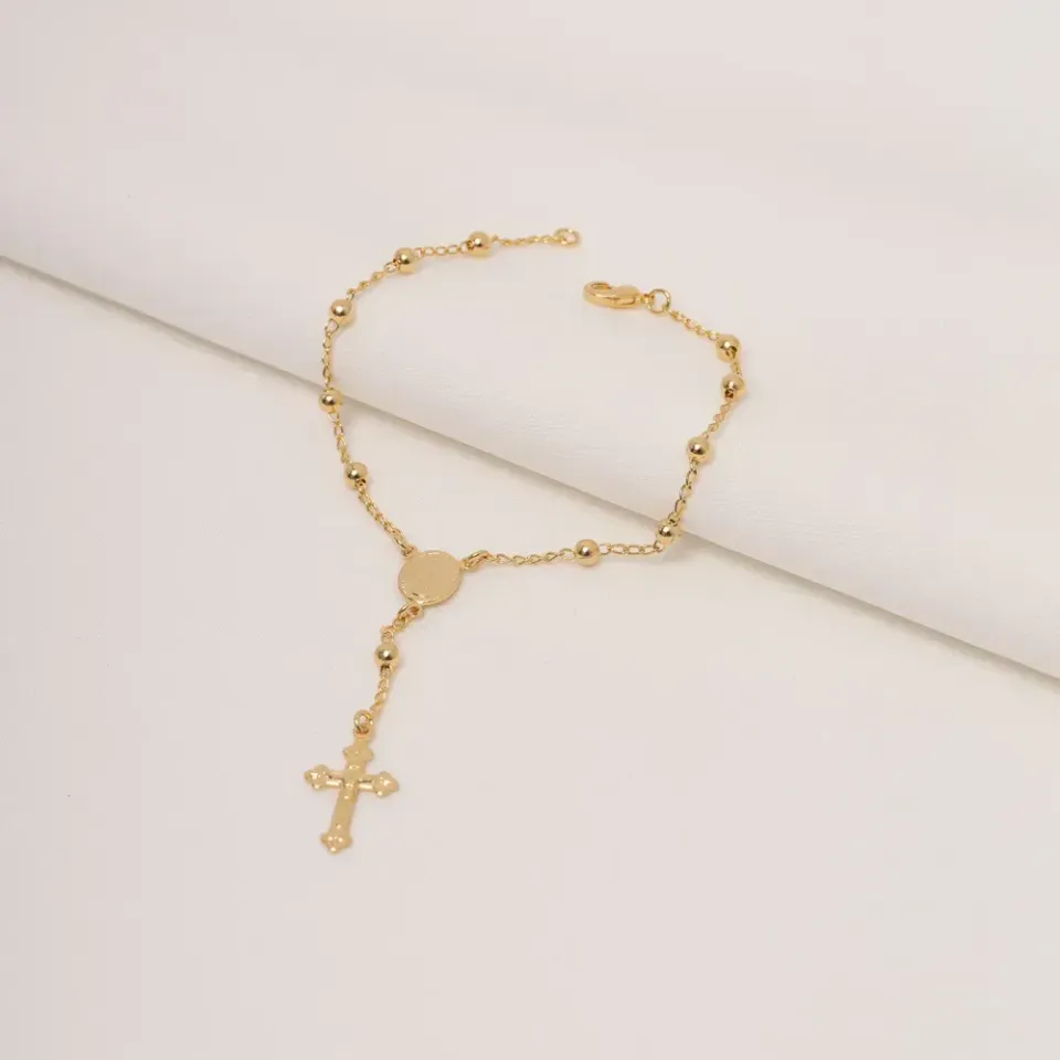 PULSEIRA TERÇO COM JESUS NA CRUZ BANHO OURO 18K