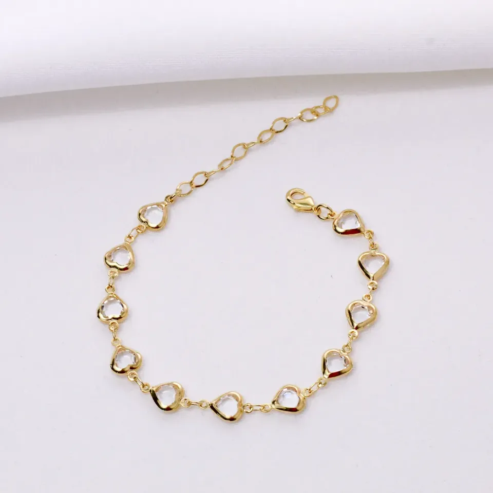 PULSEIRA CORAÇÕES PEDRAS CRISTAIS BANHO OURO 18K