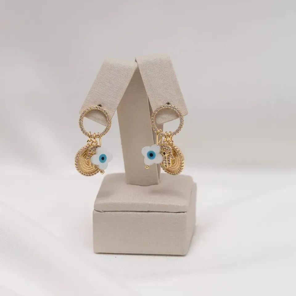 BRINCO ARGOLINHA PINGENTE OLHO GREGO COM ZIRCÔNIAS BANHO OURO 18K