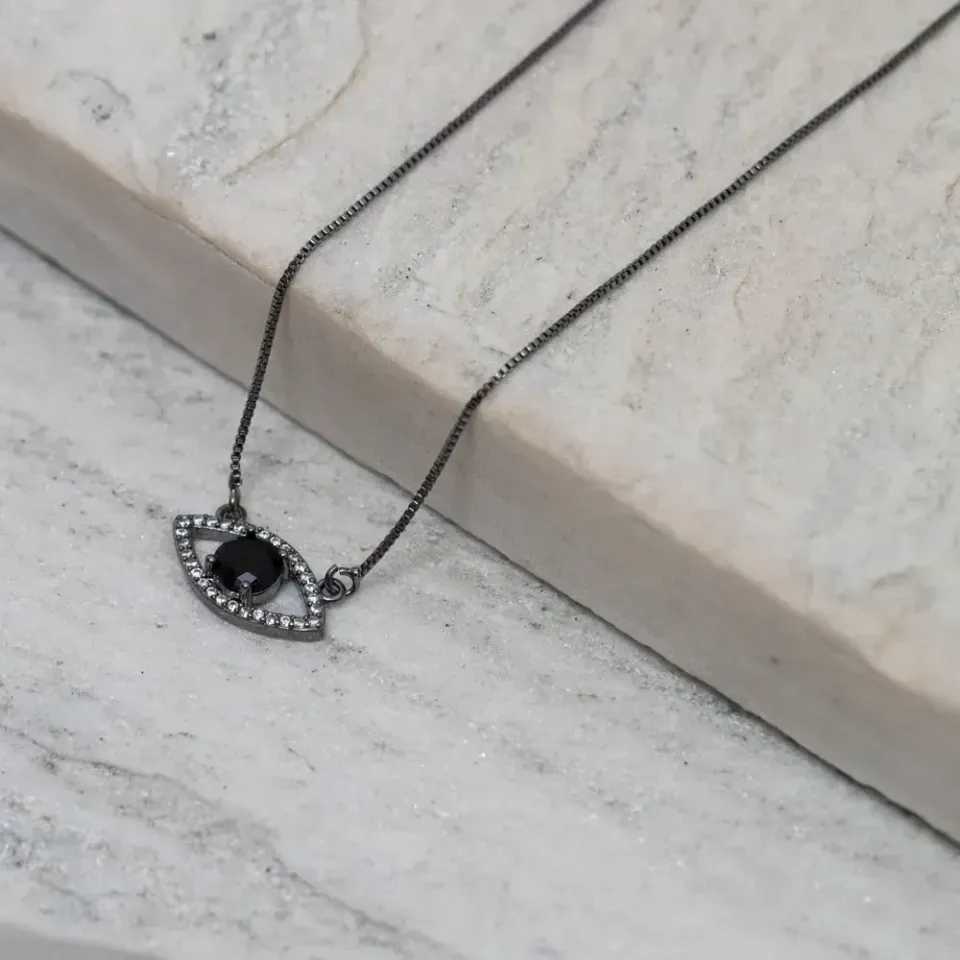 COLAR OLHO GREGO COM ZIRCÔNIAS NEGRAS BANHO RÓDIO NEGRO