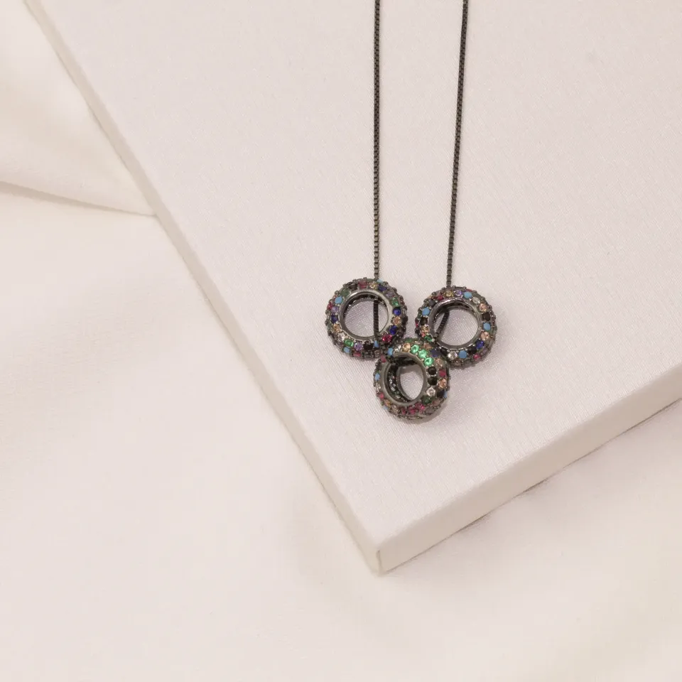 COLAR TRÊS AROS ZIRCÔNIA COLORIDA BANHO RÓDIO NEGRO