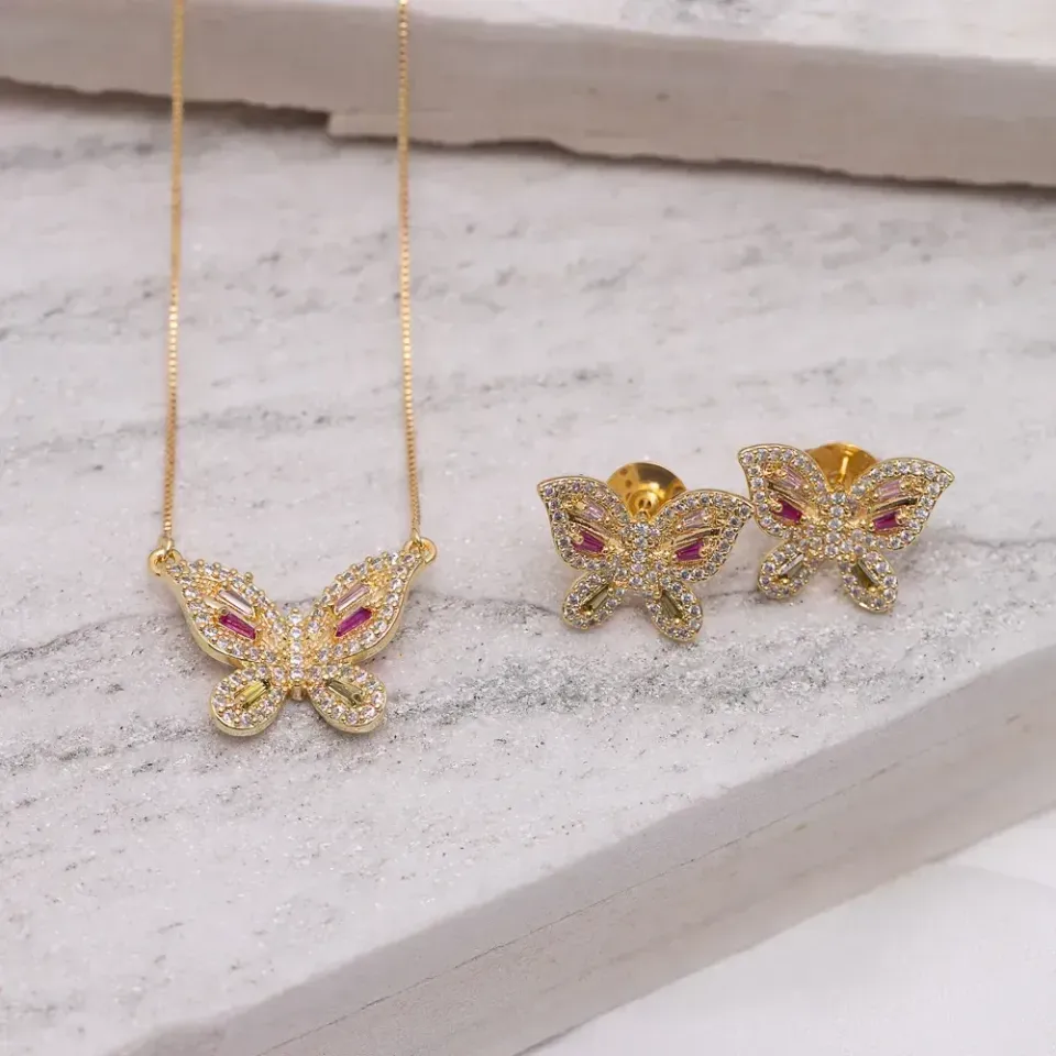 CONJUNTO BORBOLETA ZIRCÔNIA COLORIDA BANHO OURO 18K