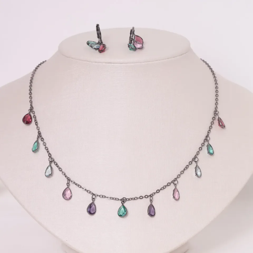 CONJUNTO ELO PORTUGUÊS GOTINHAS COLORIDAS BANHO RÓDIO NEGRO