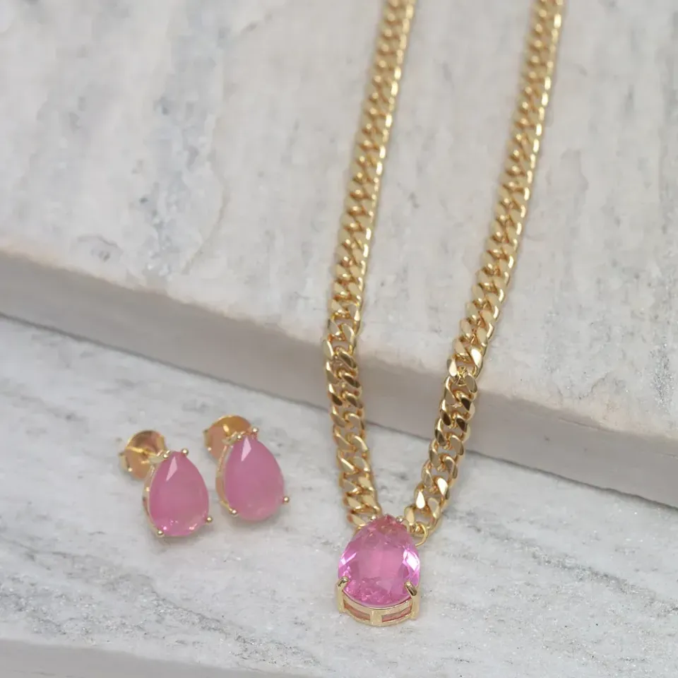 CONJUNTO CORRENTE COM ZIRCÔNIA PINK BANHO OURO 18K
