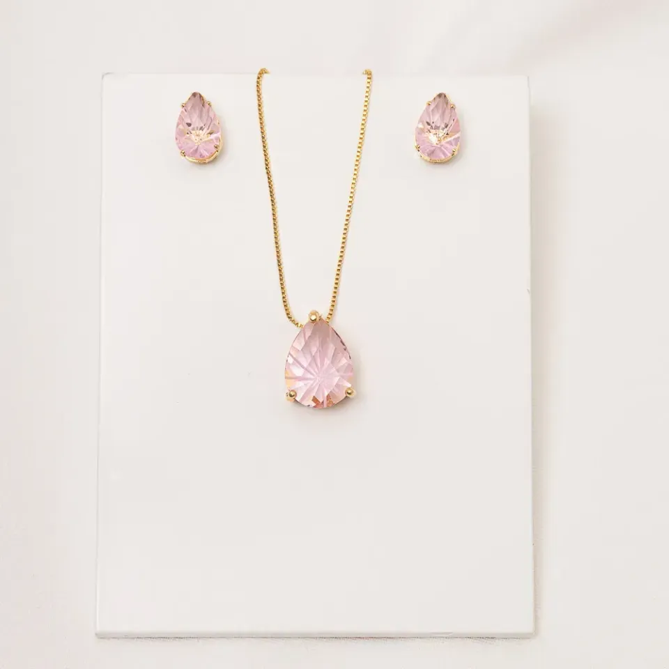 CONJUNTO GOTA COM PEDRA ROSA CLARO P BANHO OURO 18K
