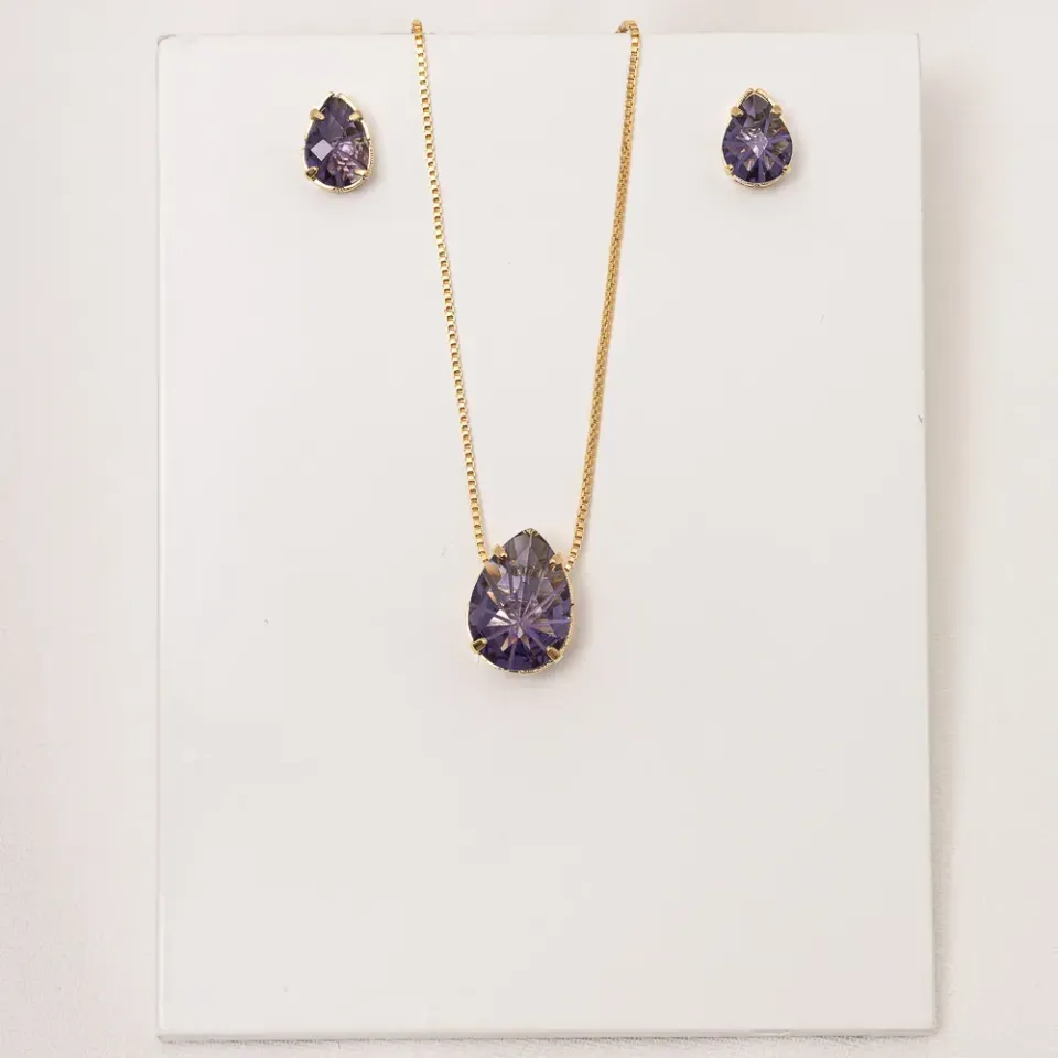 CONJUNTO GOTA PEDRA  ROXA P BANHO OURO 18K