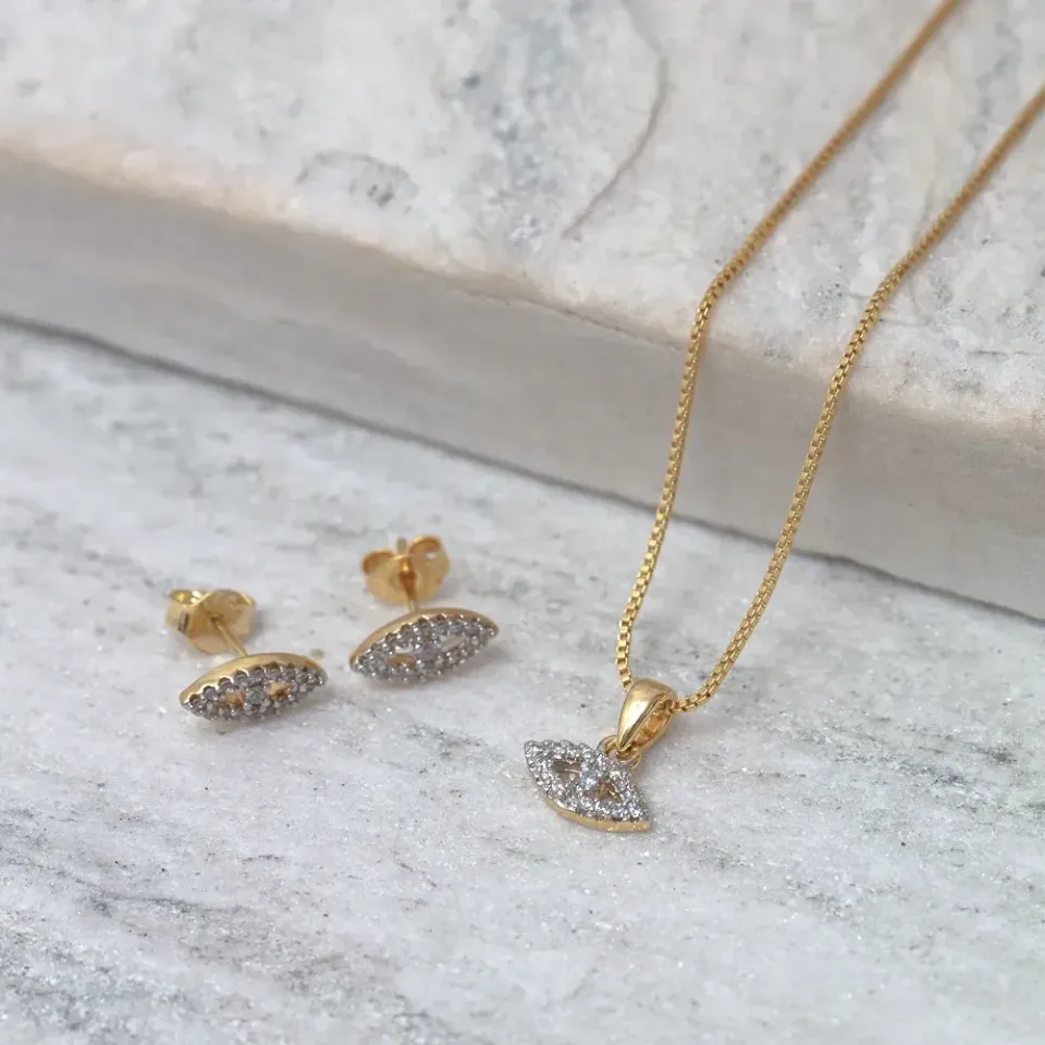 CONJUNTO OLHO GREGO MINI COM ZIRCÔNIAS BANHO OURO 18K