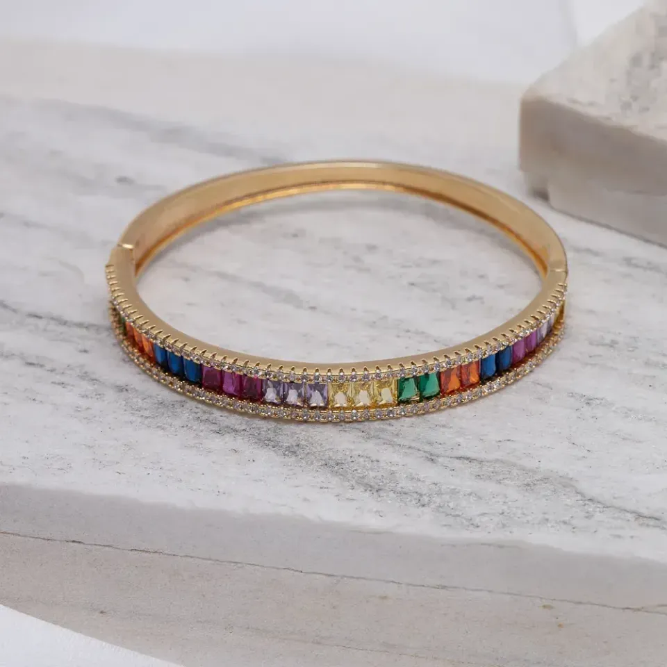 BRACELETE COM ZIRCÔNIAS NAVETE COLORIDAS BANHO OURO 18K
