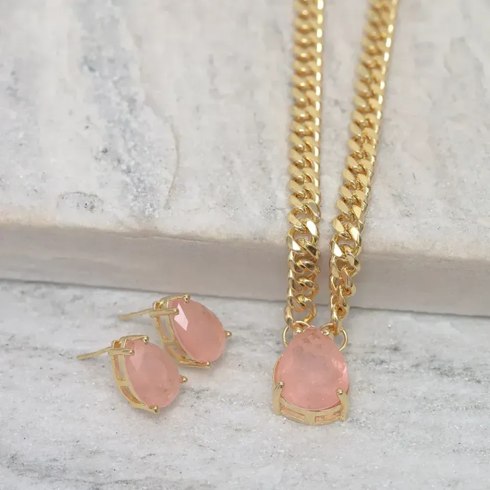 CONJUNTO CORRENTE COM PEDRA ZIRCÔNIA SALMÃO BANHO OURO 18K