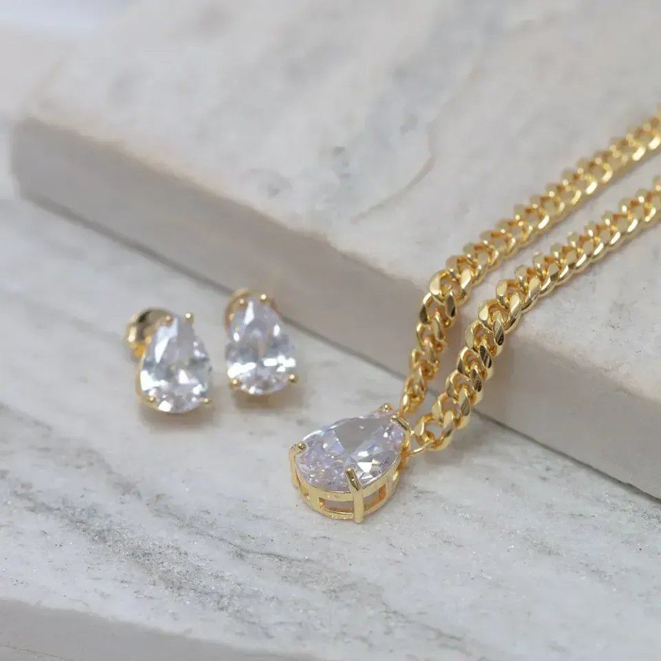 CONJUNTO CORRENTE COM PEDRA ZIRCÔNIA CRISTAL BANHO OURO 18K
