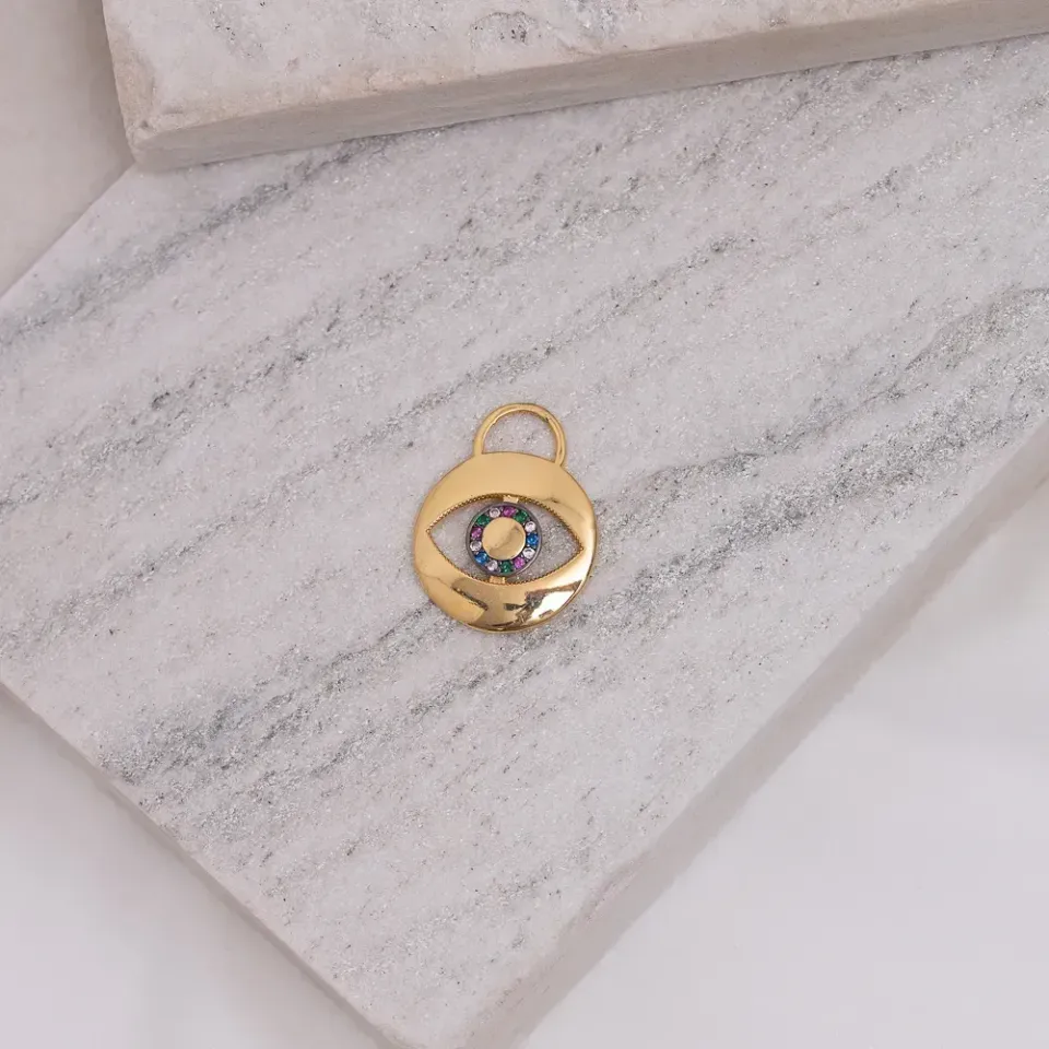 PINGENTE OLHO GREGO COM ZIRCÔNIAS COLORIDAS BANHO OURO 18K