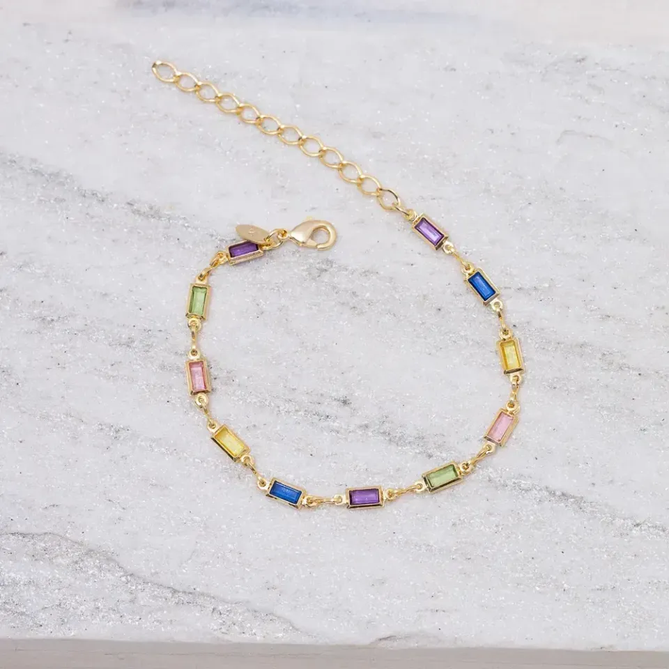 PULSEIRA QUADRADOS COM PEDRAS COLORIDAS BANHO OURO 18K