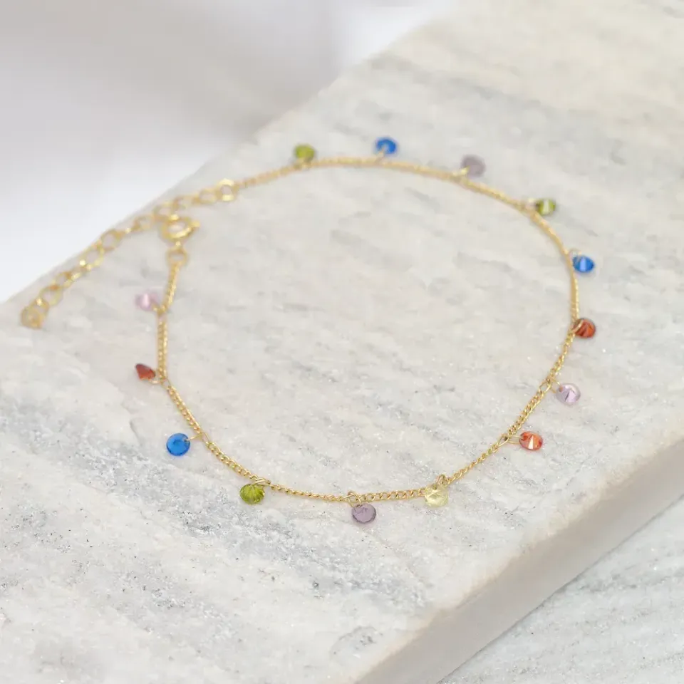 TORNOZELEIRA COM CRISTAIS COLORIDOS BANHO OURO 18K