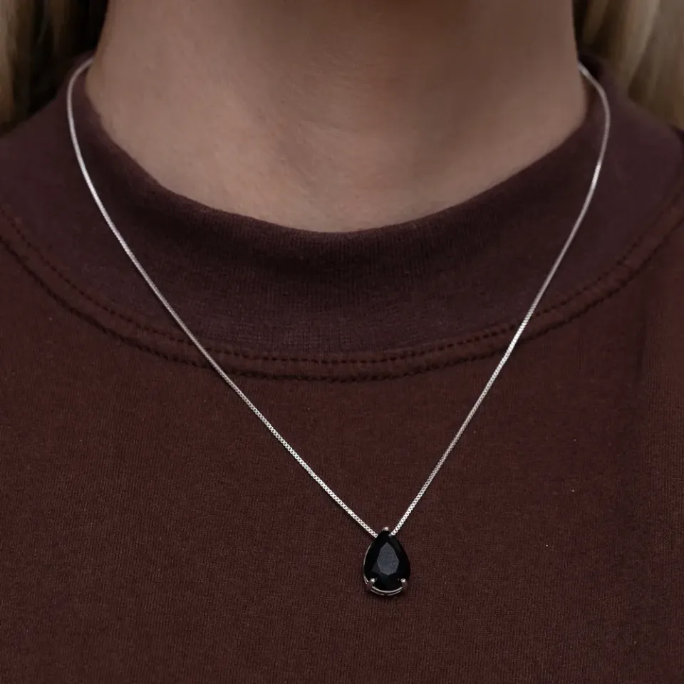 CONJUNTO GOTA COM PEDRA PRETA BANHO PRATA